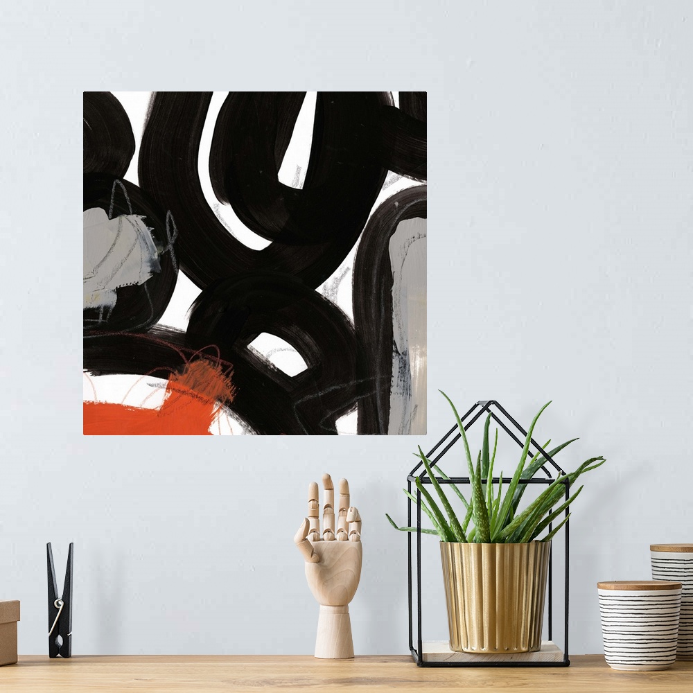 A bohemian room featuring Contemporary abstract painting with bold black shapes with colorful streaks.