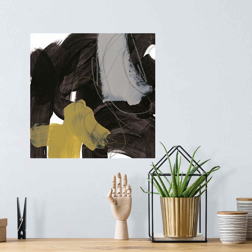 A bohemian room featuring Contemporary abstract painting with bold black shapes with colorful streaks.