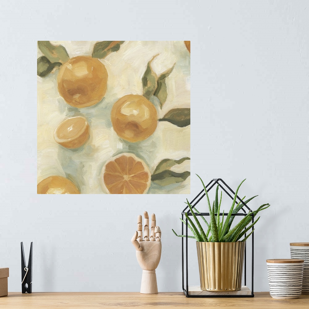 A bohemian room featuring Contemporary artwork of sliced oranges created with thick brush strokes.
