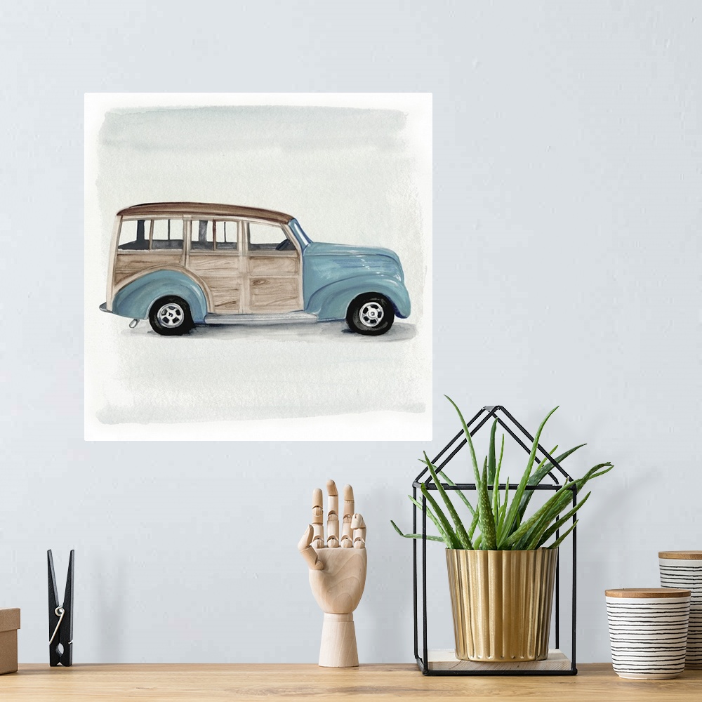 A bohemian room featuring Decorative artwork of a classic blue woody station wagon on gray and white backdrop.