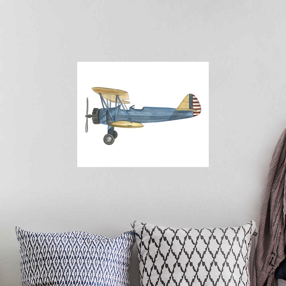 A bohemian room featuring Contemporary artwork of an airplane against a white background.