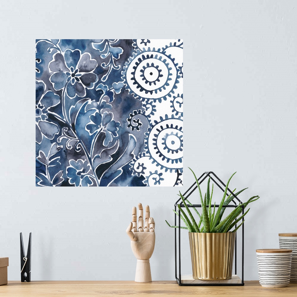 A bohemian room featuring This contemporary watercolor artwork consists of blue flowers that tumble over a mottled blue bac...