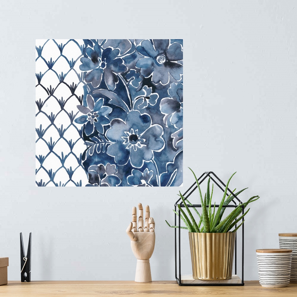 A bohemian room featuring This contemporary watercolor artwork consists of blue flowers that tumble over a mottled blue bac...