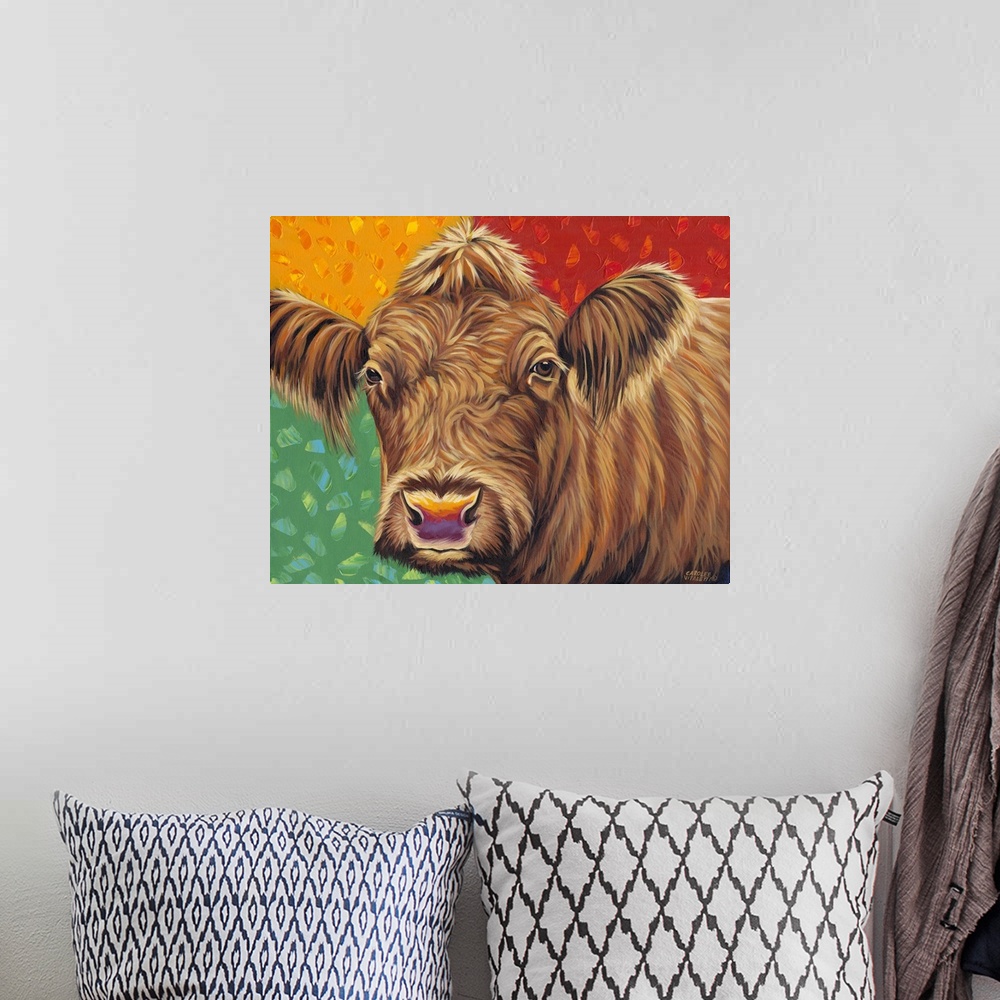A bohemian room featuring Colorful contemporary painting of a portrait of a cow.