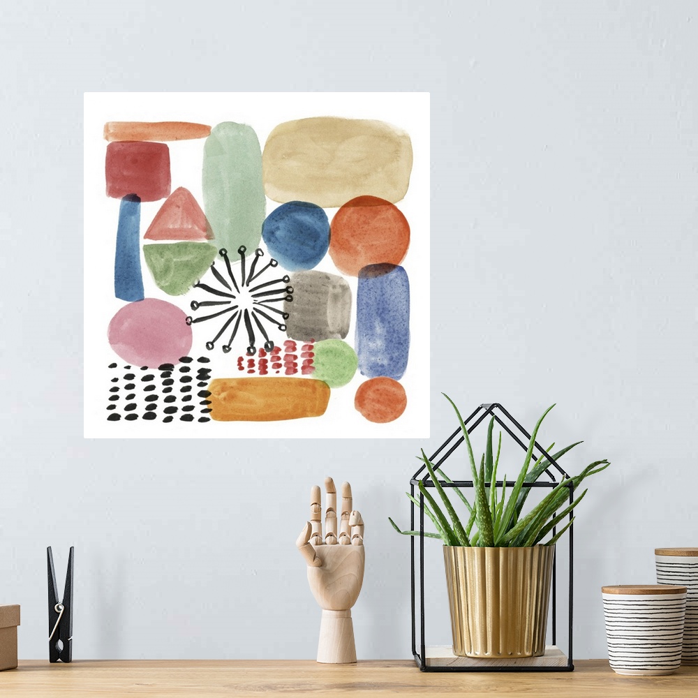 A bohemian room featuring Whimsical abstract painting of various multi-colored shapes.