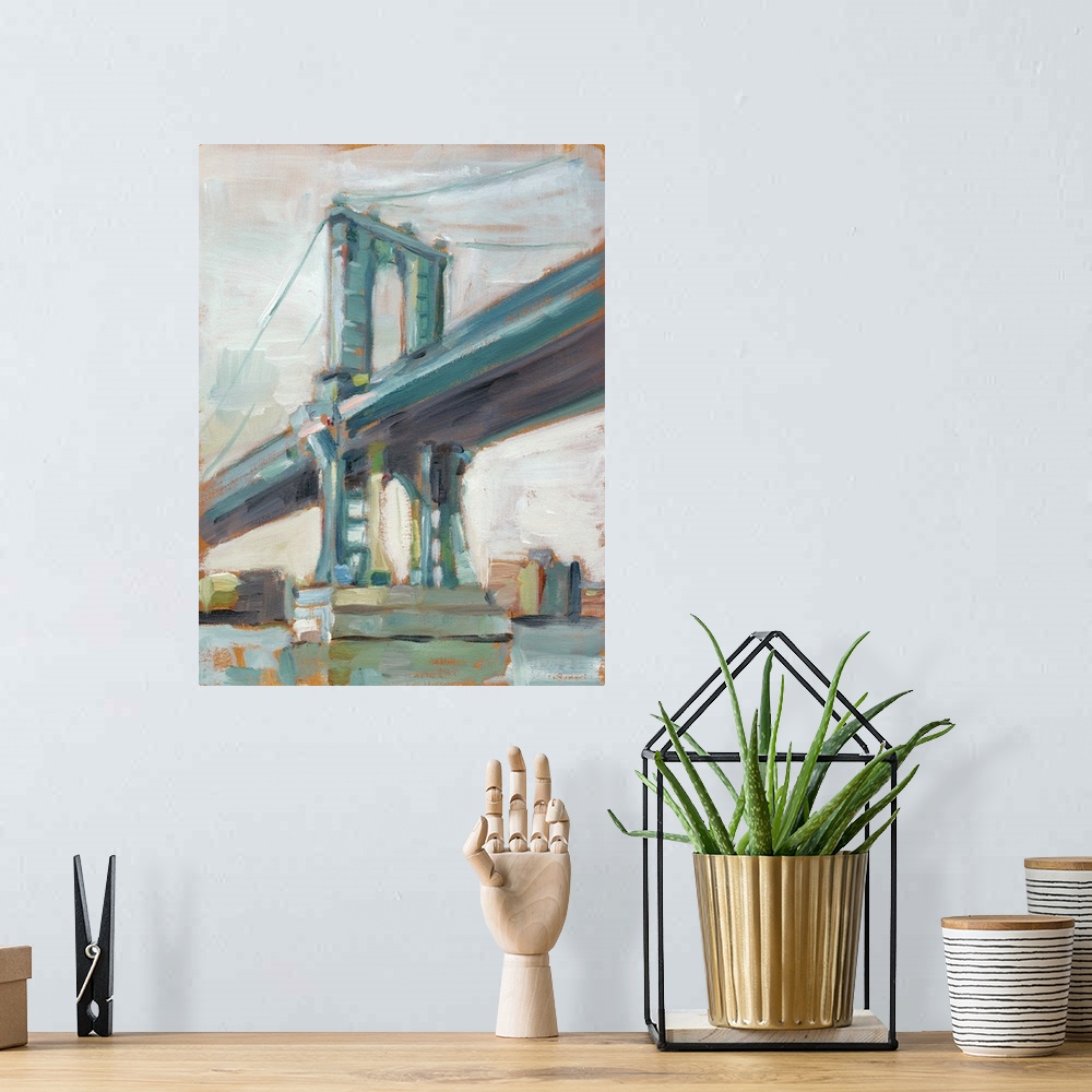 A bohemian room featuring Contemporary painting of the iconic Manhattan Bridge in New York City.