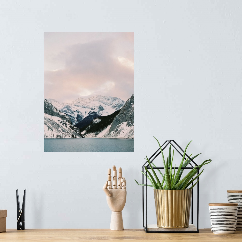 A bohemian room featuring Photograph of snow covered mountains under a pink tinged sky