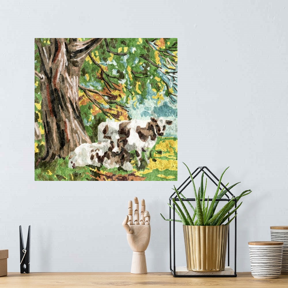 A bohemian room featuring Cows Under A Tree II