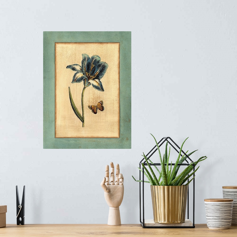 A bohemian room featuring Contemporary artwork of a blue tulip with a butterfly in a vintage illustrative style.
