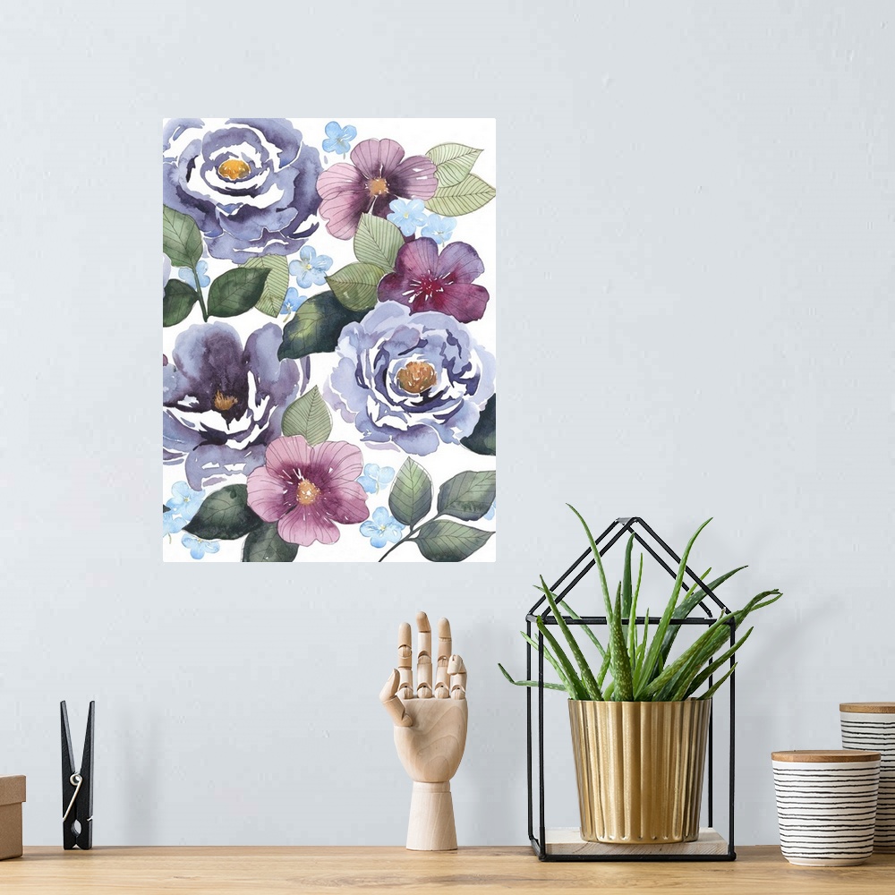 A bohemian room featuring Watercolor painting of several purple peonies and green leaves.