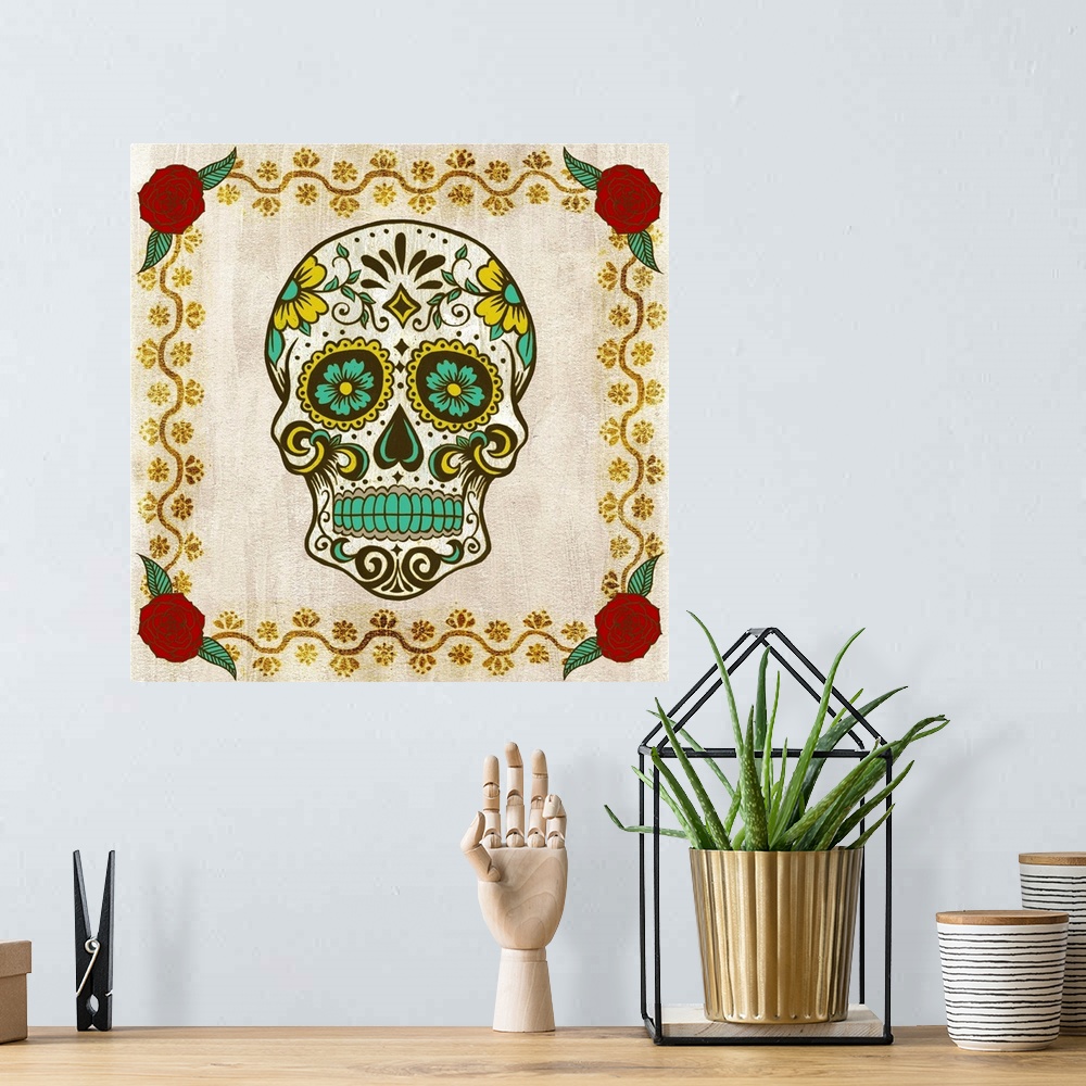 A bohemian room featuring Decorative art with a playful illustration of a Dia De Los Muertos skull on a square background w...