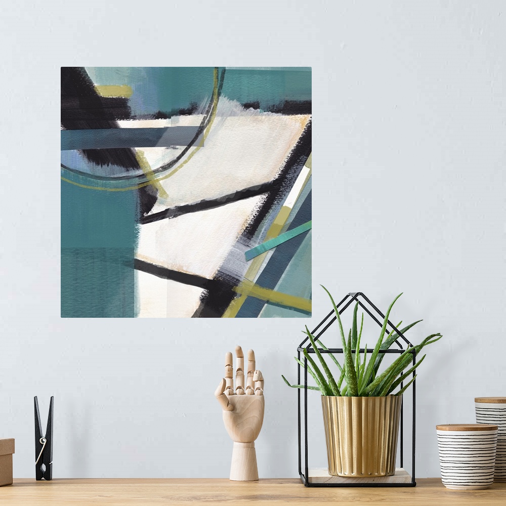 A bohemian room featuring Square abstract art in shades of blue, green, white, and black with some pieces glued on top crea...