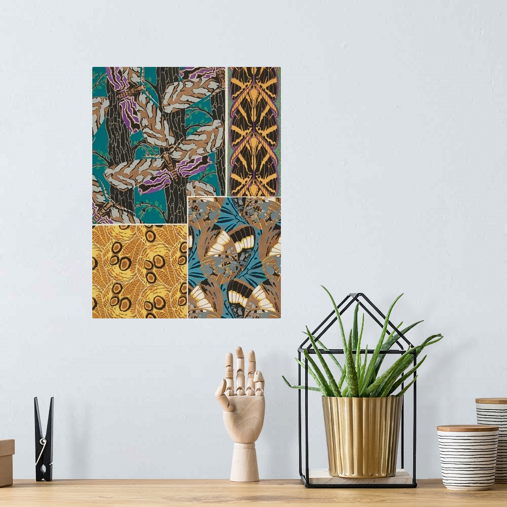 A bohemian room featuring A decorative collage of varies types of butterflies in colorful patterns.