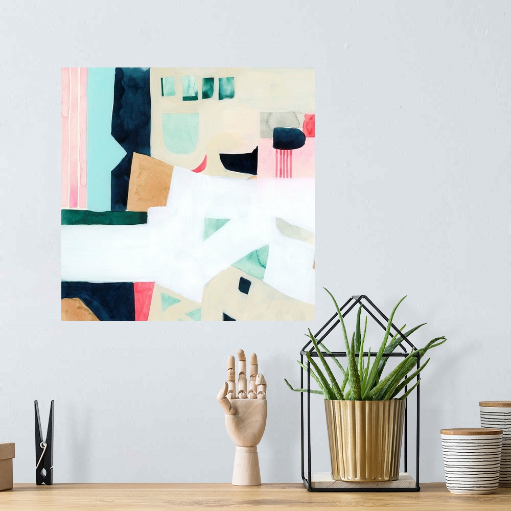 A bohemian room featuring Contemporary abstract painting with various shapes and colors.