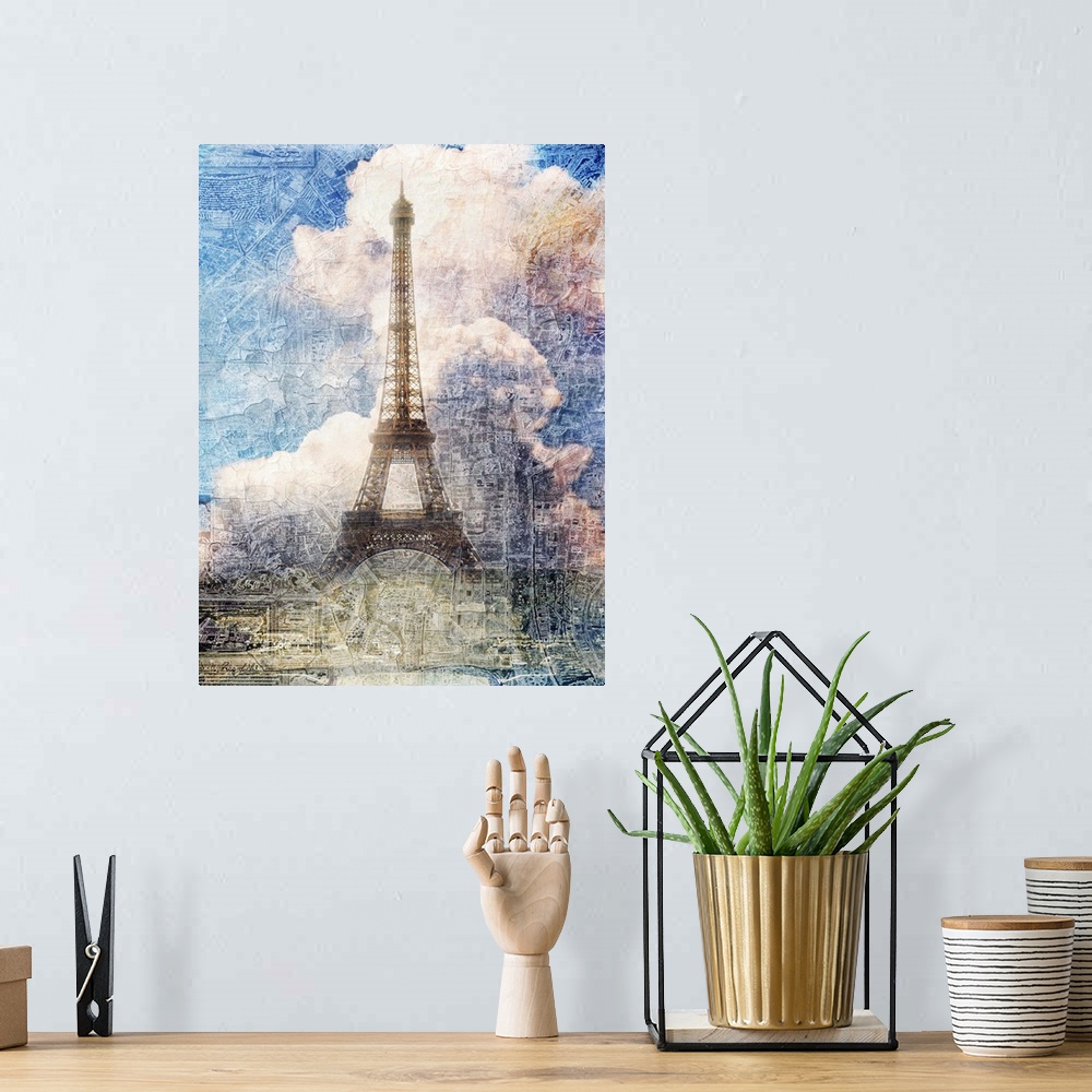 A bohemian room featuring Artistic photograph of the Eiffel Tower and large clouds, with a rough texture overlay.