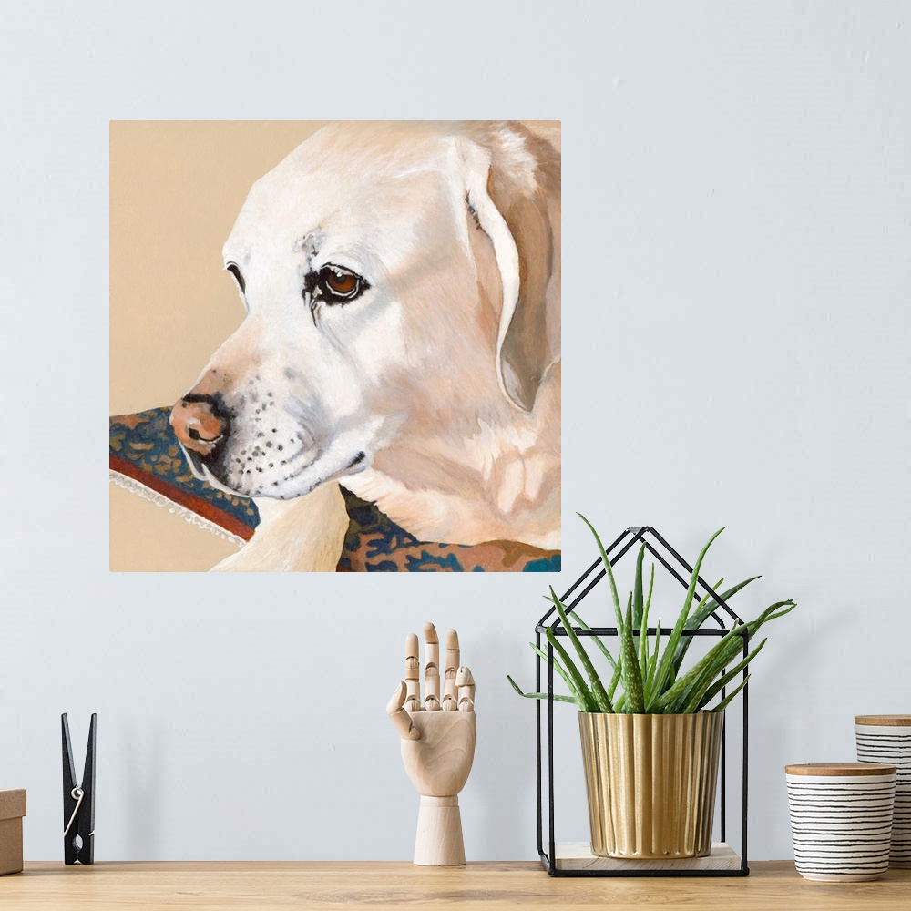 A bohemian room featuring Fun and contemporary painting of a dog against a patterned background.