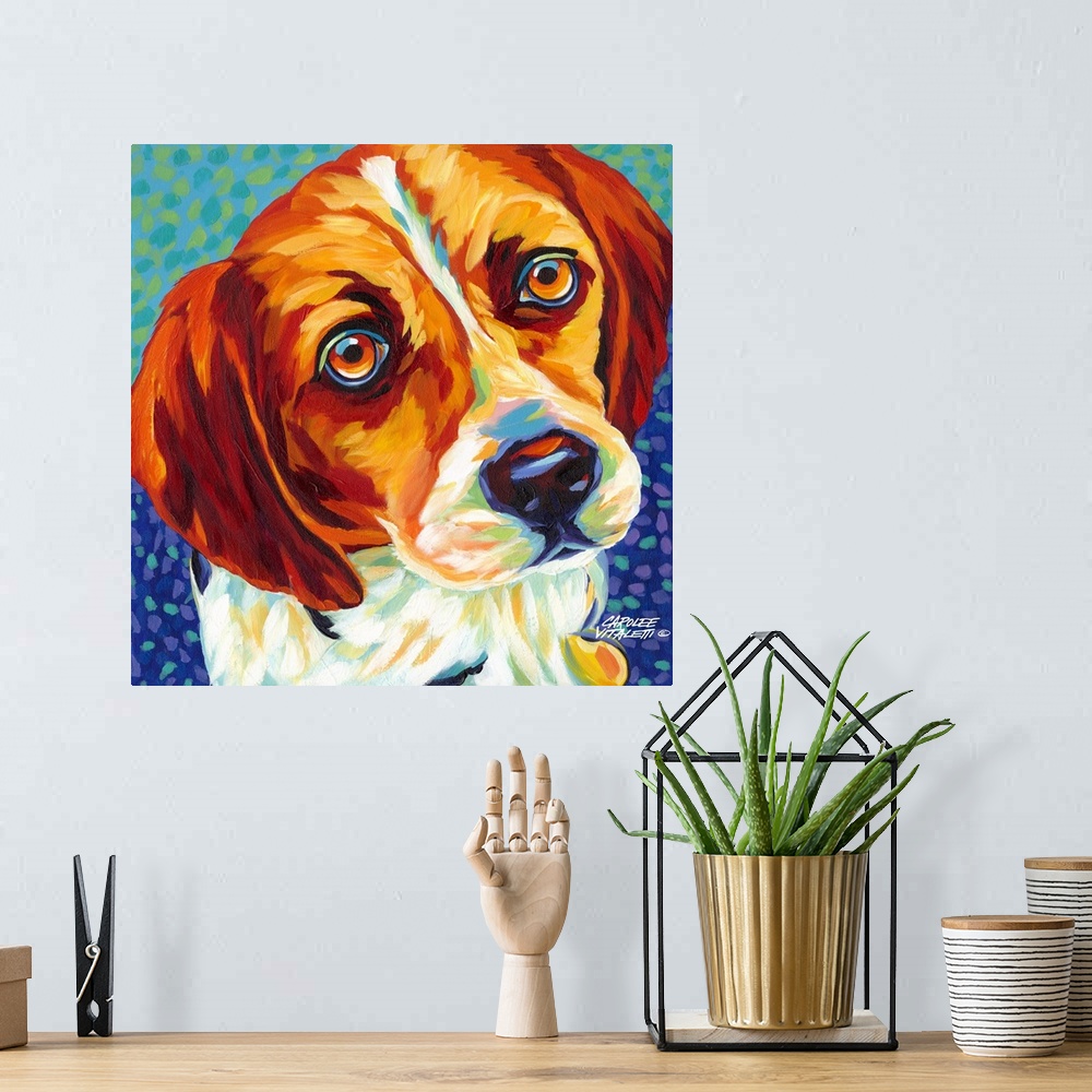 A bohemian room featuring Contemporary painting of a beagle dog looking up.