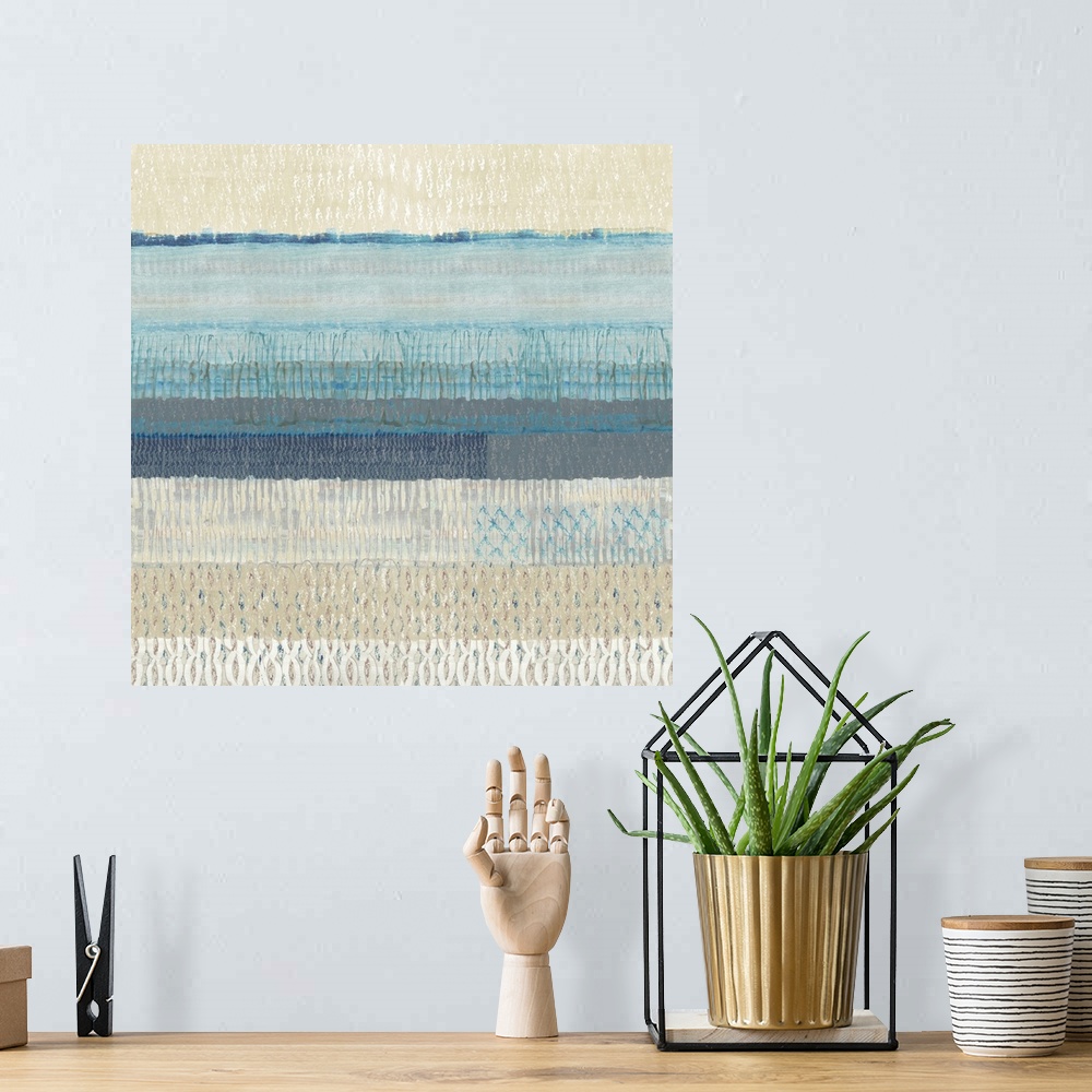 A bohemian room featuring Textured blue abstract seascape painting