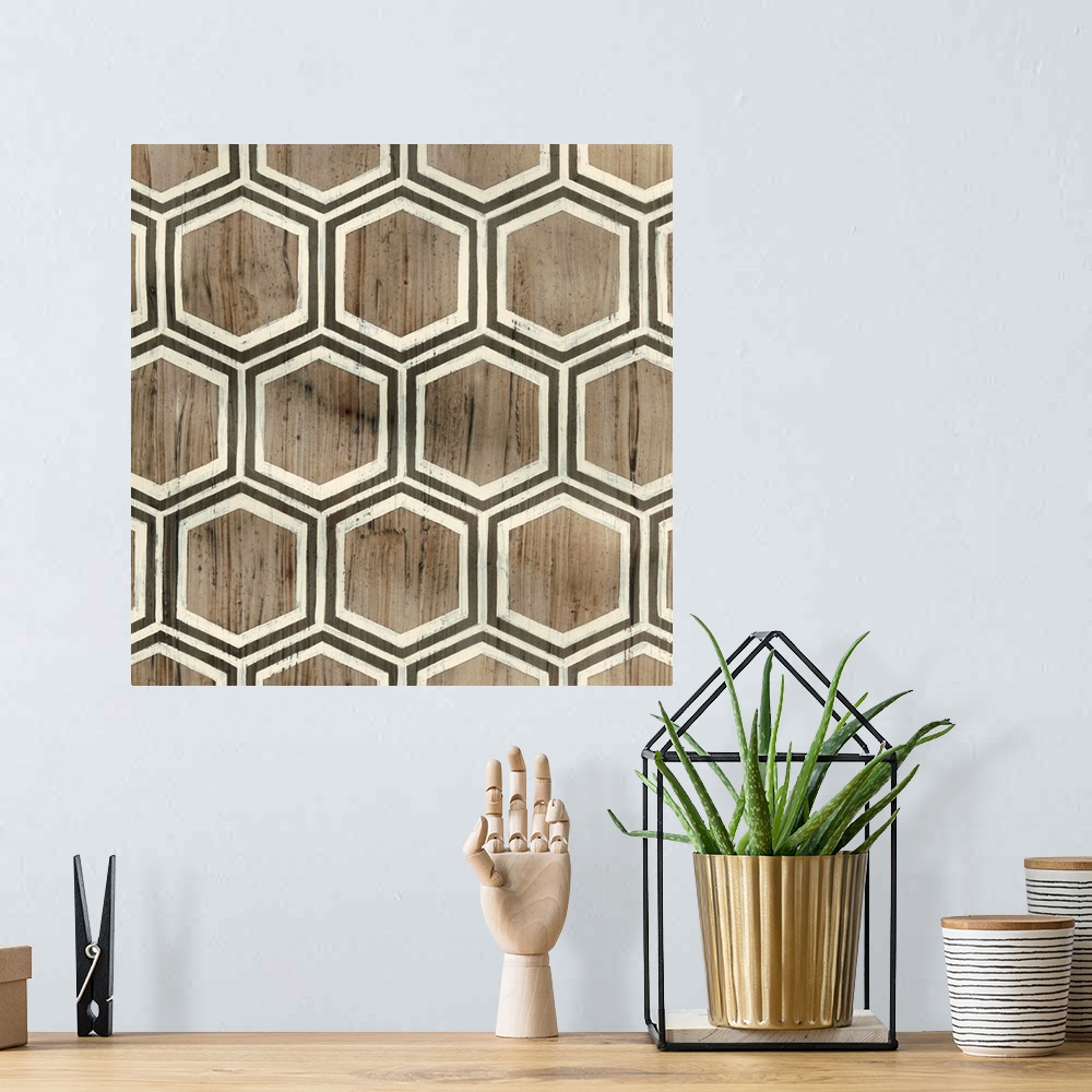 A bohemian room featuring Square patterned abstract art made in shades of brown.