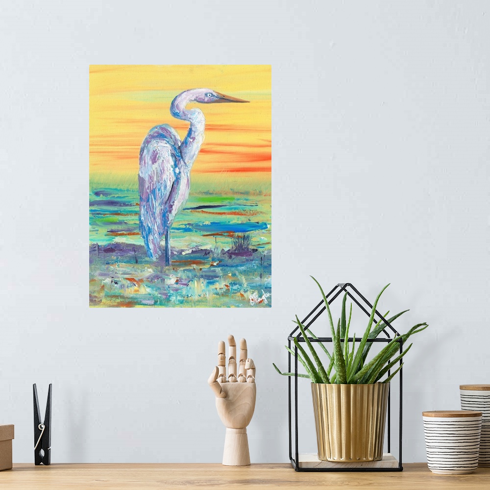 A bohemian room featuring Painting of a white egret standing in shallow water at sunset.