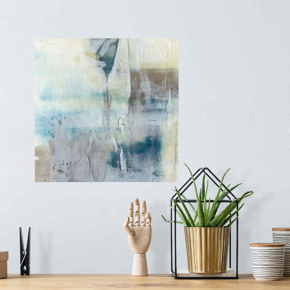A bohemian room featuring Contemporary abstract art print in pale blue and tan shades, with a washed out effect.
