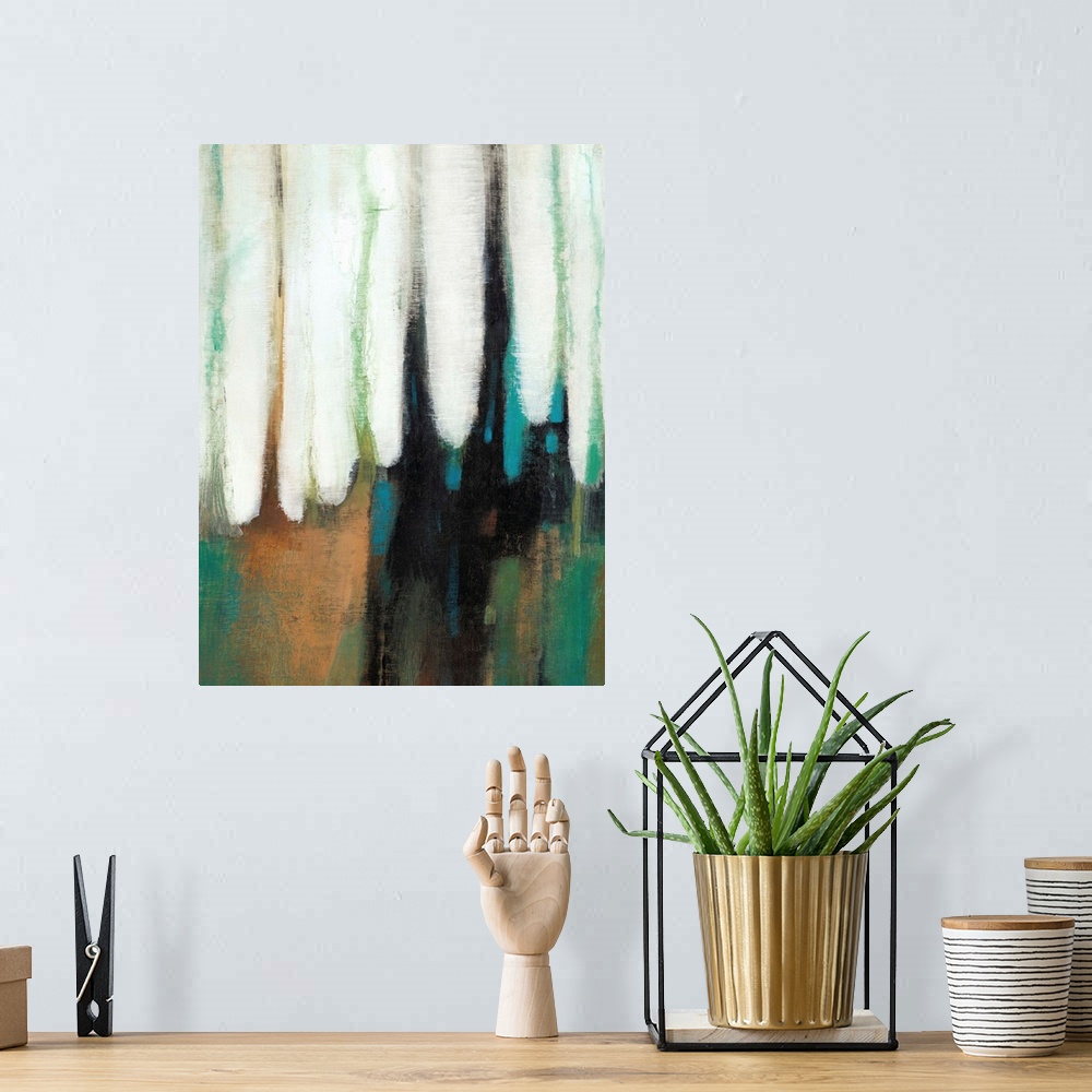 A bohemian room featuring Abstract painting using dark colors in a vertical direction as if falling.