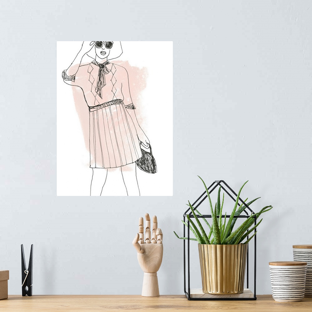 A bohemian room featuring Black and white fashion sketch on a white background with blush pink brushstrokes.