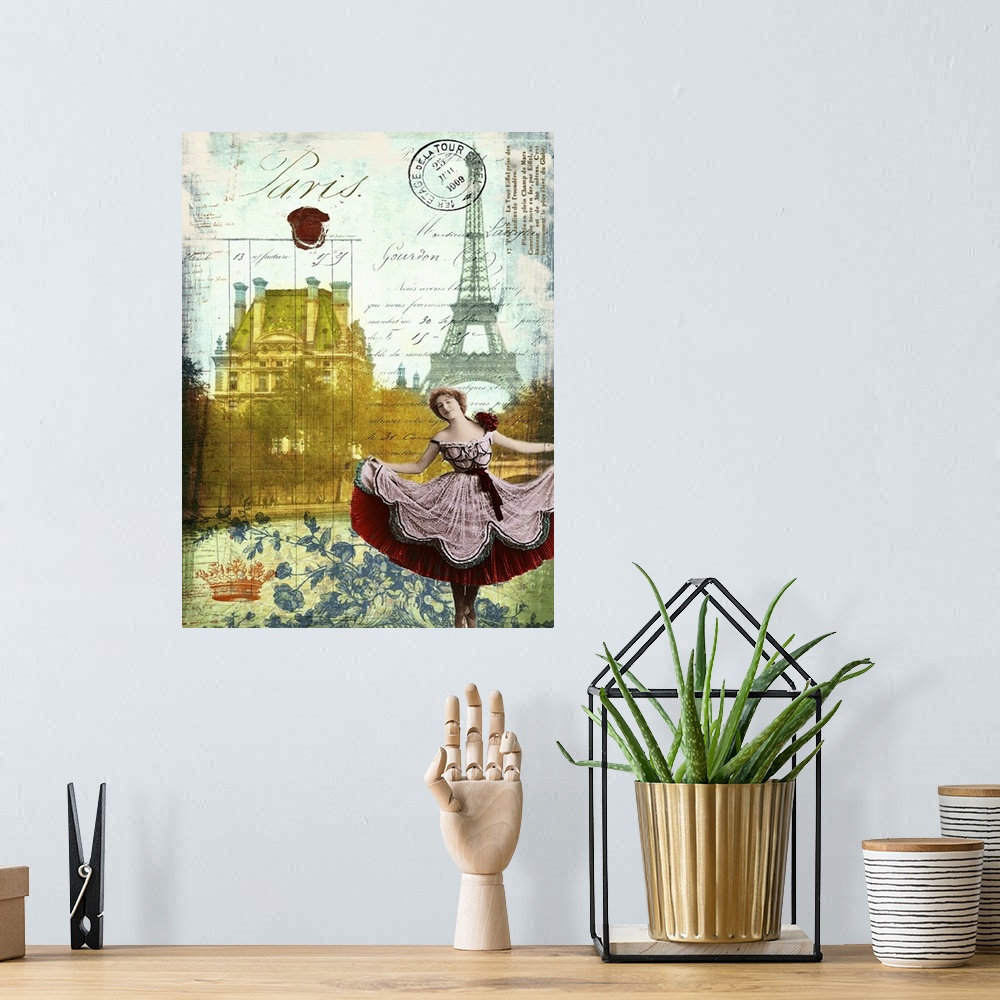 A bohemian room featuring Travel collage of Paris featuring a french ballet dancer decorated with french text.