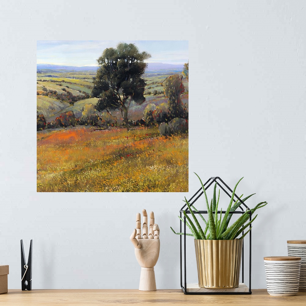 A bohemian room featuring Contemporary landscape painting of a serene countryside landscape in summer with golden field rea...