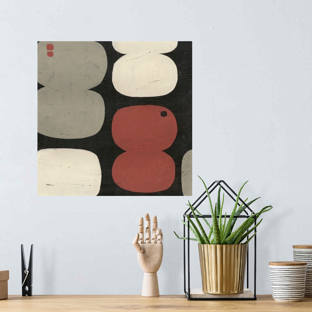 A bohemian room featuring Mid-century inspired contemporary abstract painting using muted colors in organic forms against a...