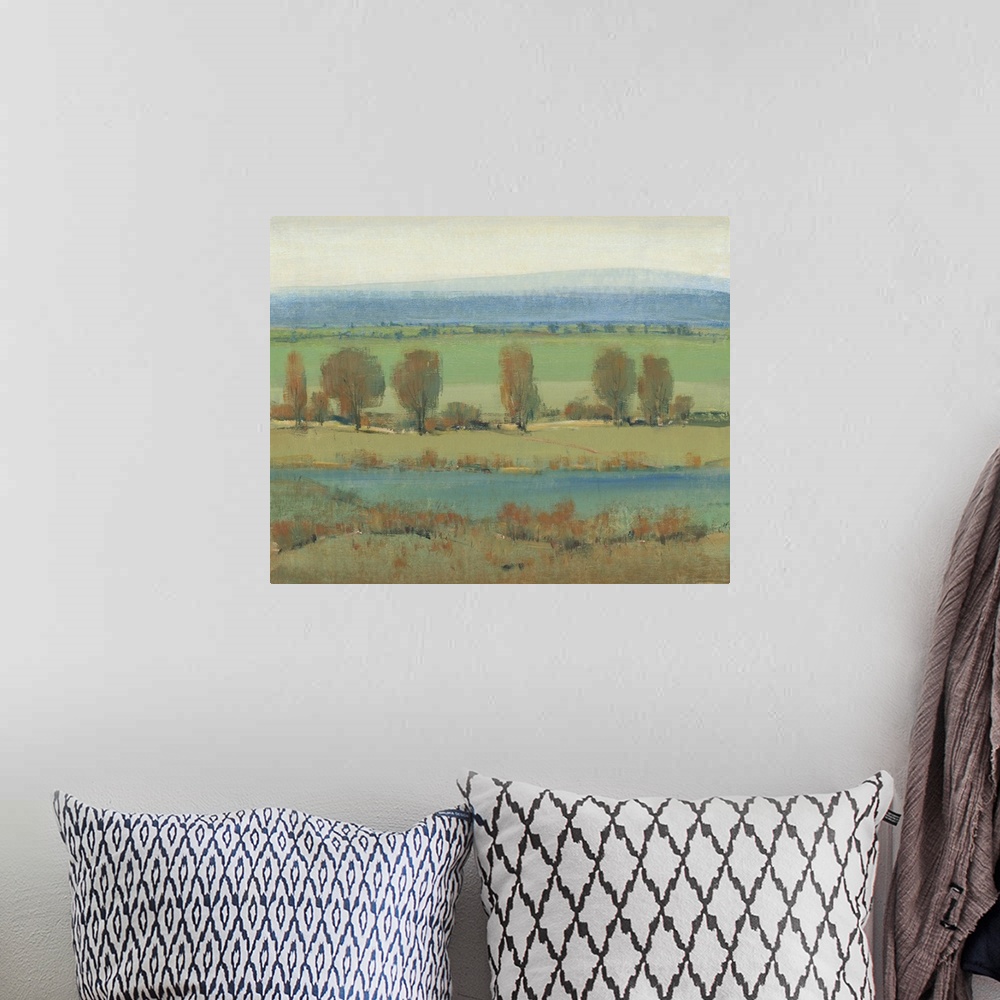 A bohemian room featuring Horizontal brush strokes create this contemporary artwork of a relaxing countryside.
