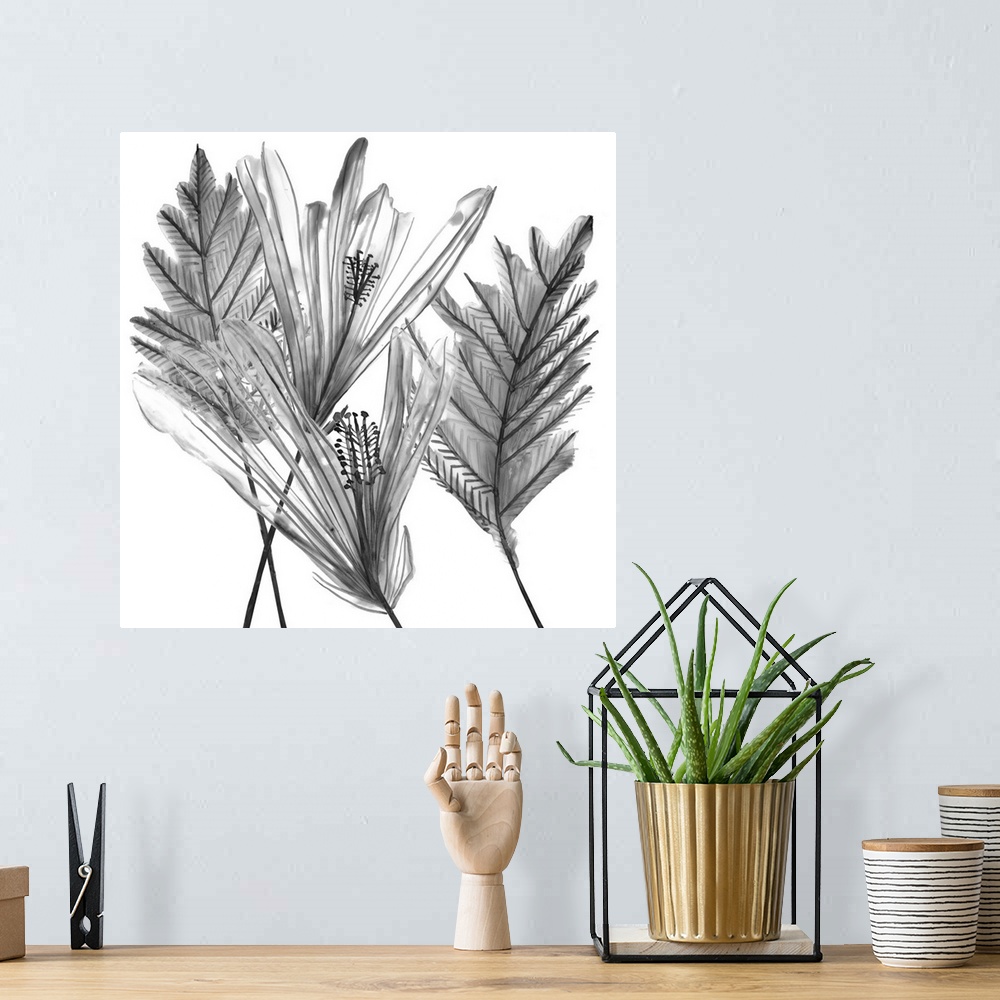 A bohemian room featuring Contemporary line art of flowers and foliage in shades of gray and black.