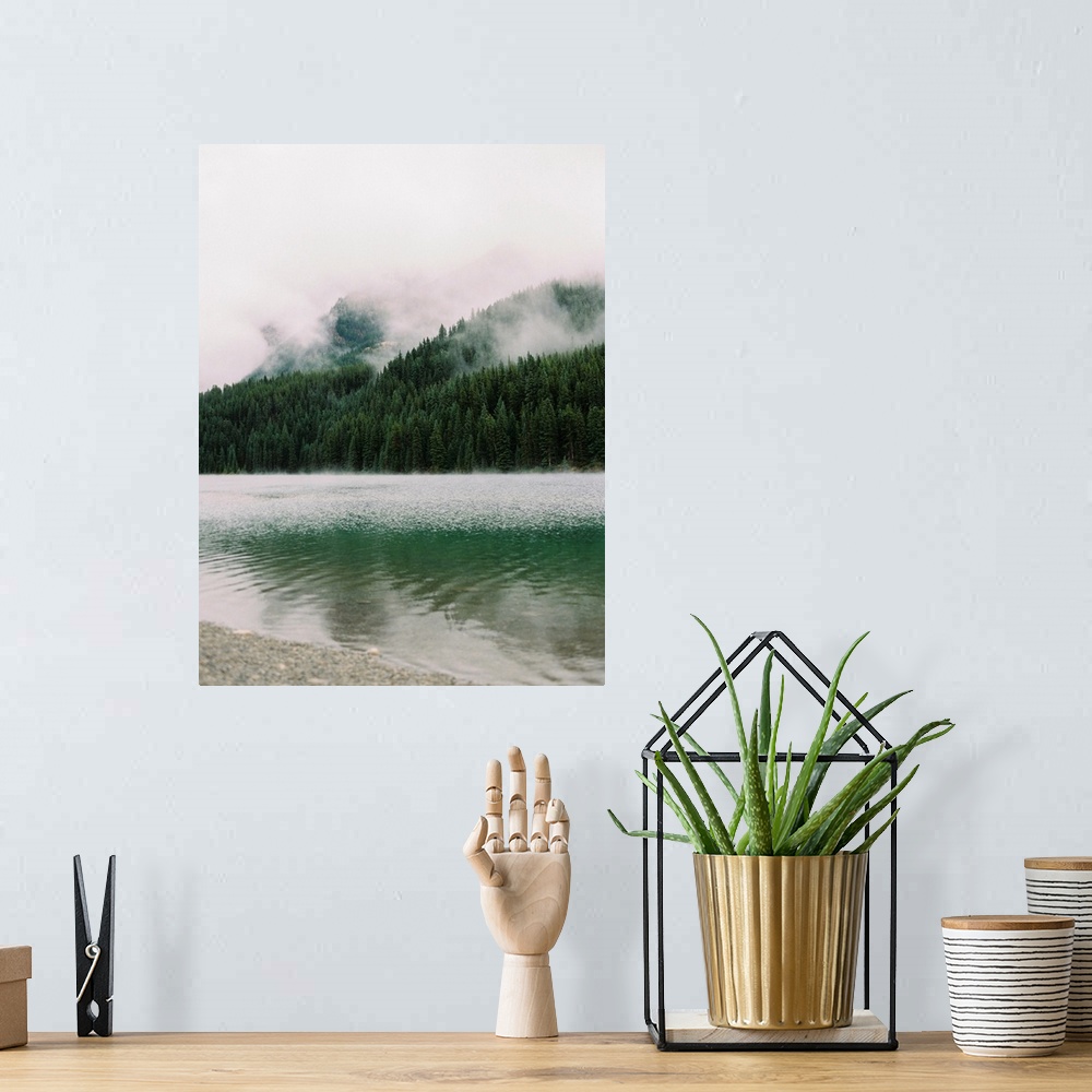 A bohemian room featuring A photograph of dense evergreen trees by the side of a clear lake interspersed with low clouds an...