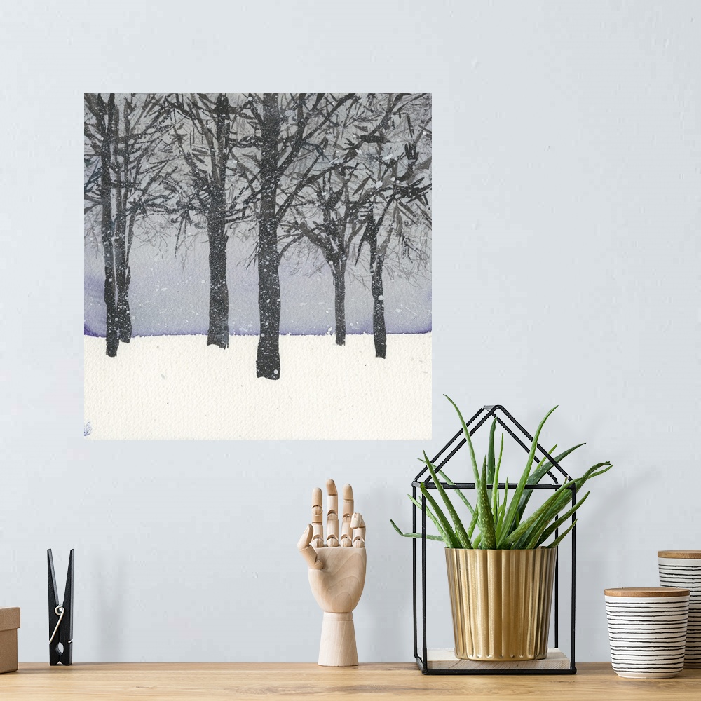 A bohemian room featuring A grove of trees in the snow with a pale blue sky.