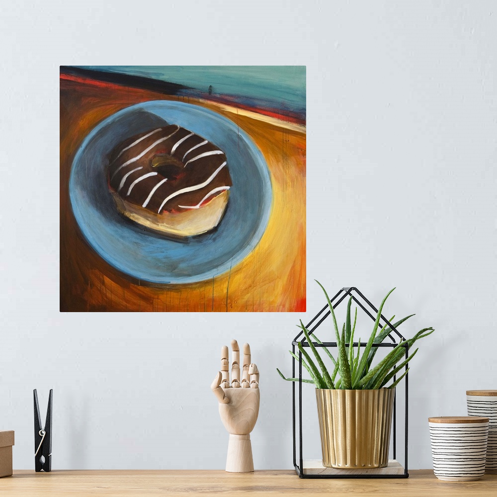 A bohemian room featuring Contemporary painting of a chocolate frosted donut on a blue plate.