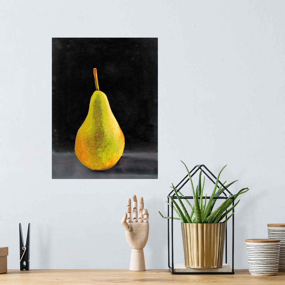 A bohemian room featuring Painting of a single pear sitting on a dark shelf.