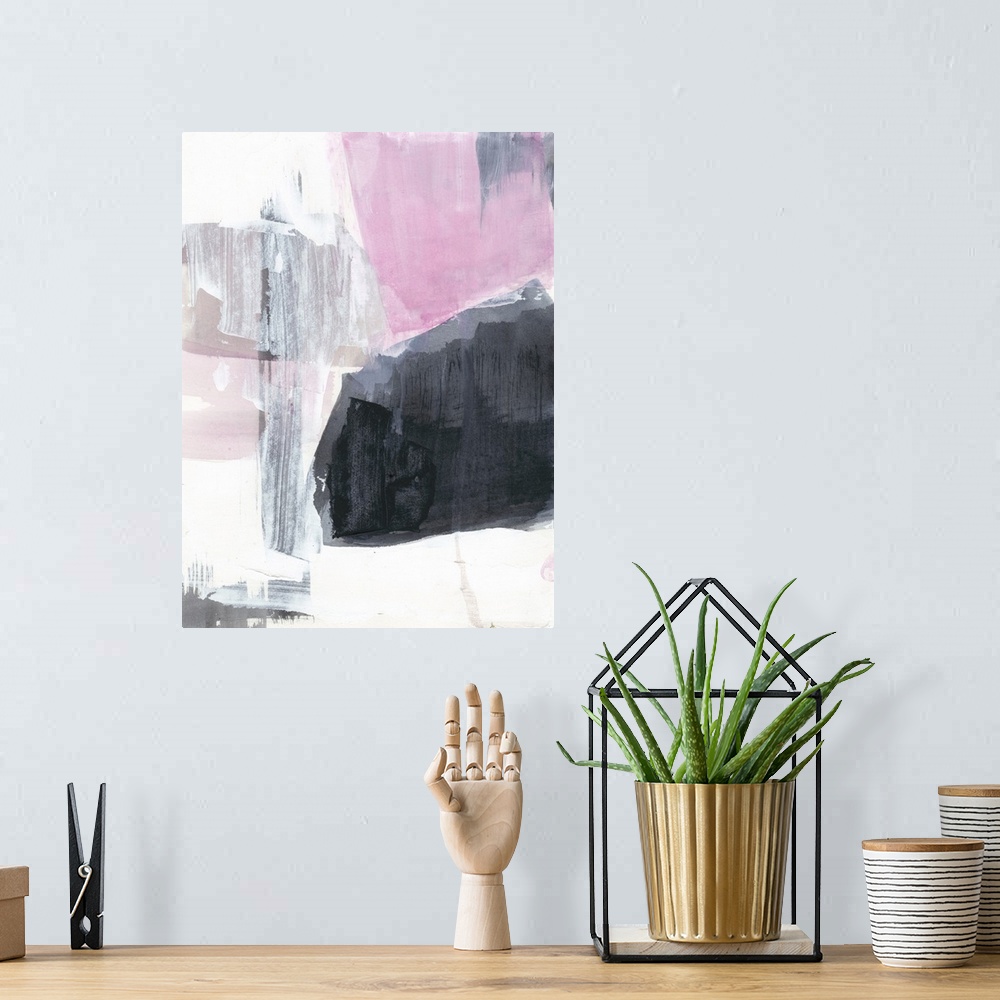 A bohemian room featuring This contemporary artwork features blocks of gray and pink with distressed textures to illustrate...