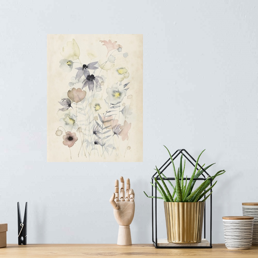 A bohemian room featuring A delicate watercolor painting of a faint flower bouquet in yellow, blue and red tones on a beige...