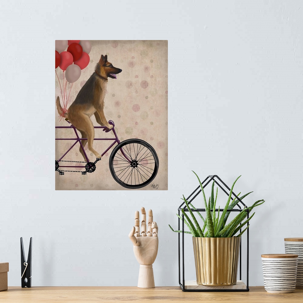 A bohemian room featuring Decorative artwork of a German Shepherd riding on a purple bicycle with pink, red, and white ball...