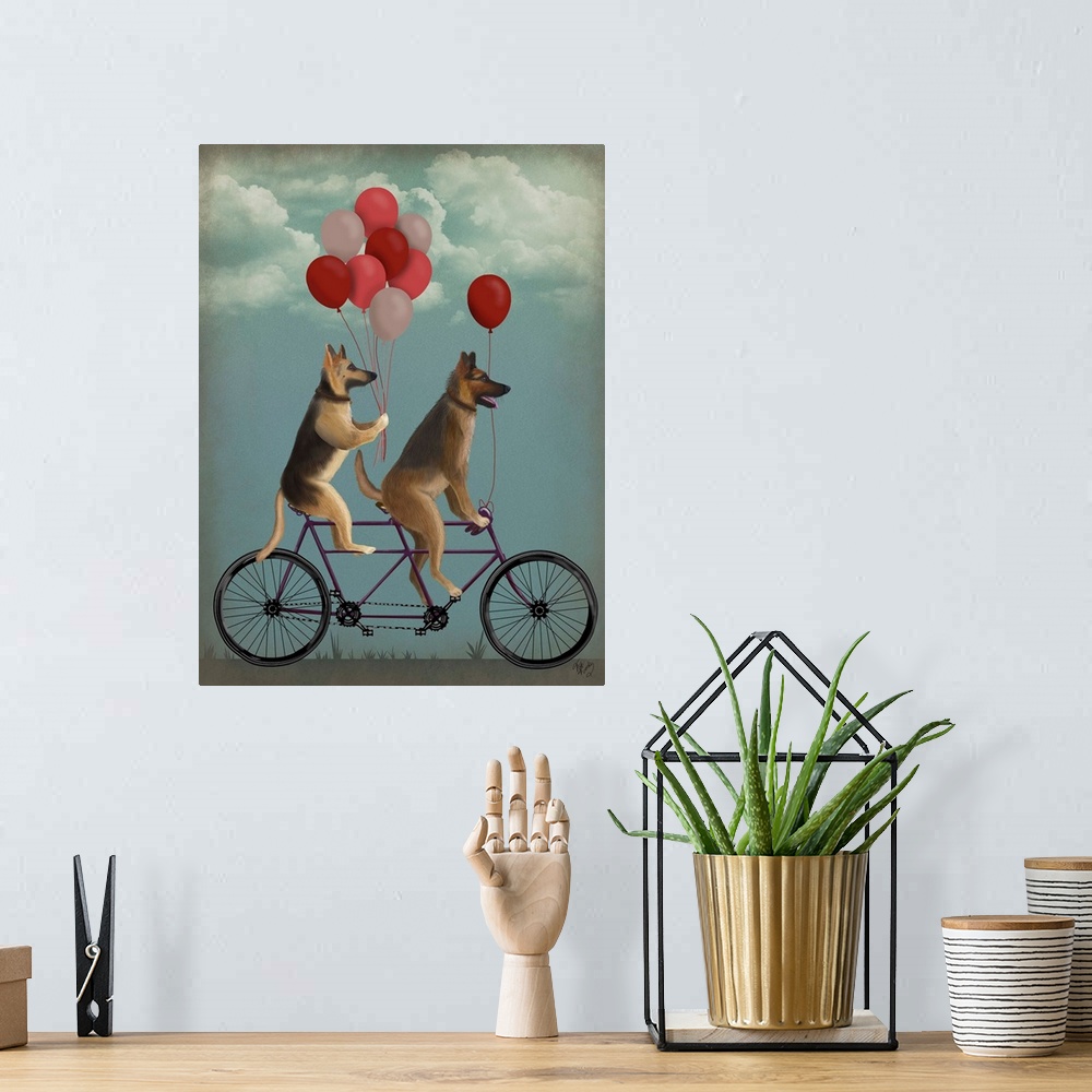 A bohemian room featuring Decorative artwork of two German Shepherds riding on a purple tandem bicycle with red, pink, and ...