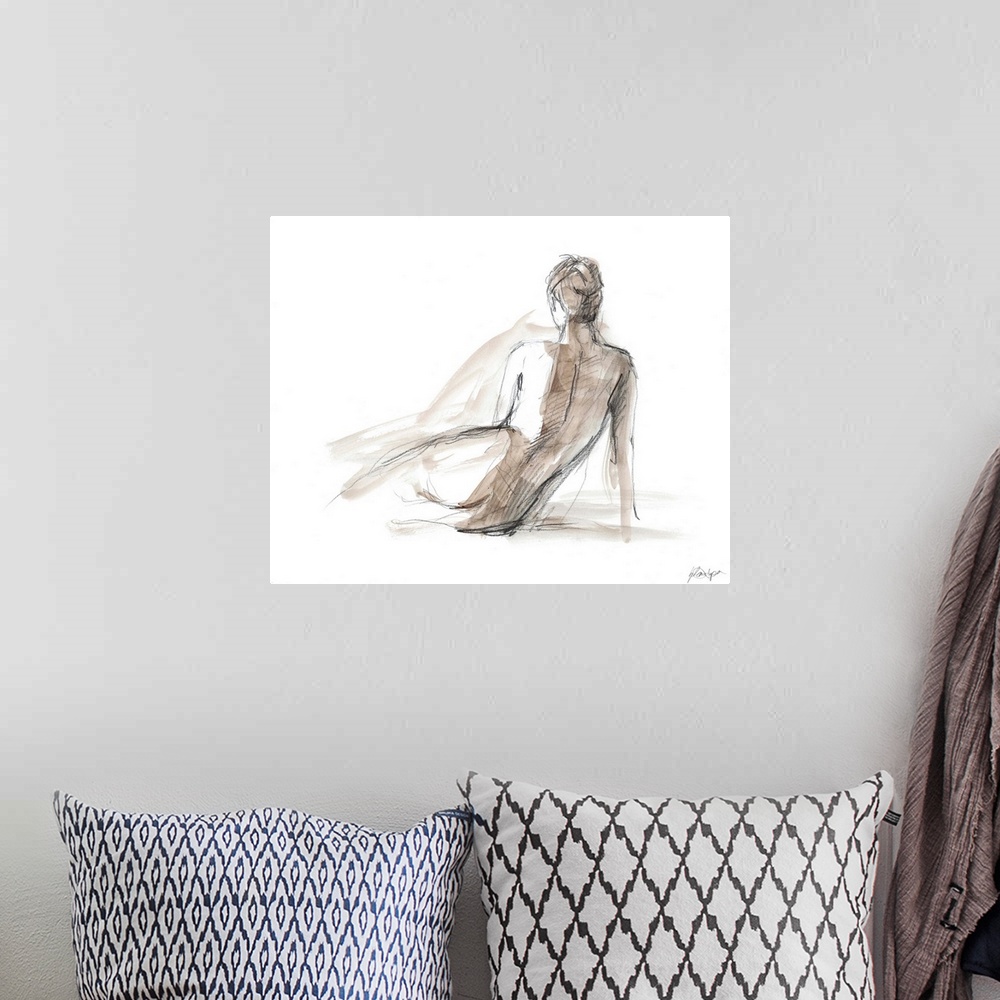 A bohemian room featuring Contemporary artwork of a nude female figurative study.