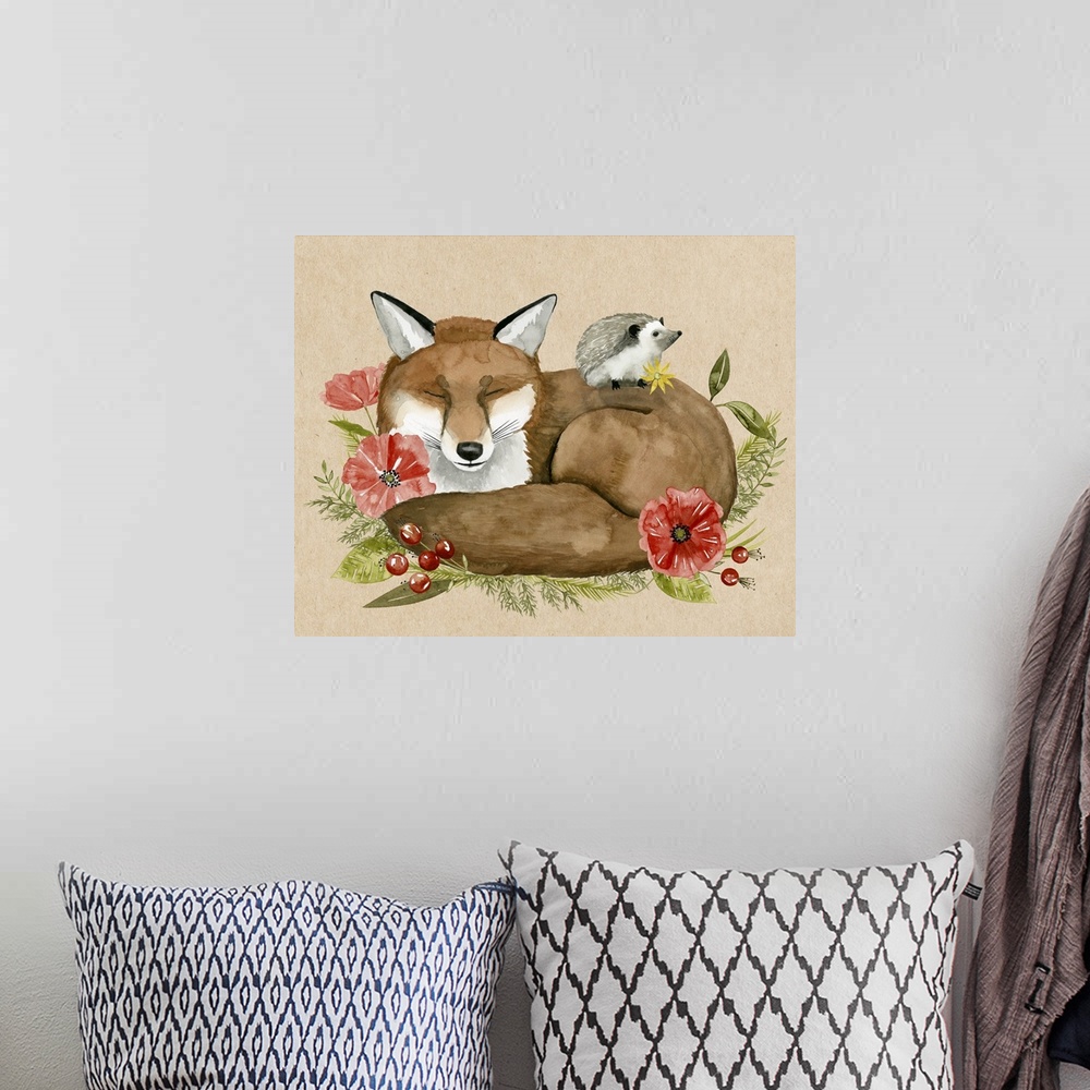 A bohemian room featuring Whimsical painting of a hedgehog sitting on top of a resting fox, surrounded by red flowers and b...