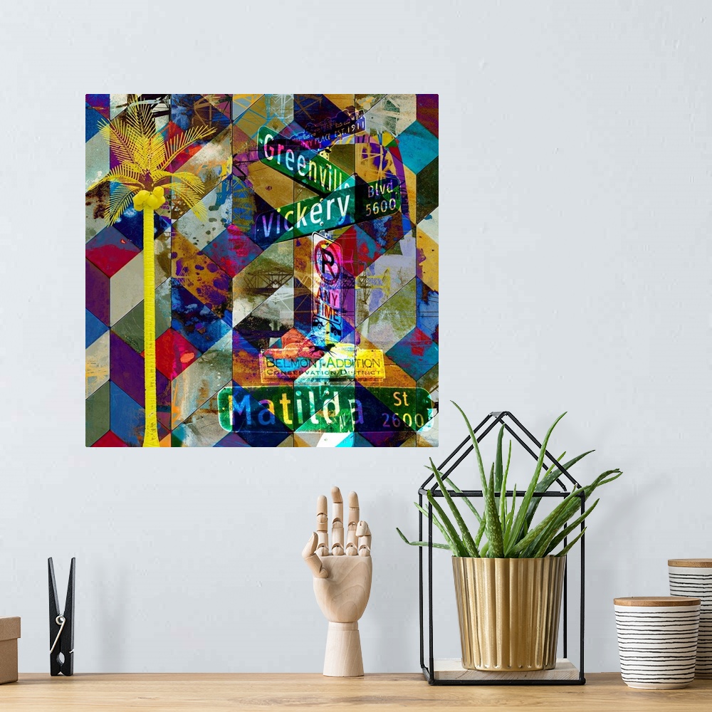 A bohemian room featuring Contemporary collage style artwork using bright colors.