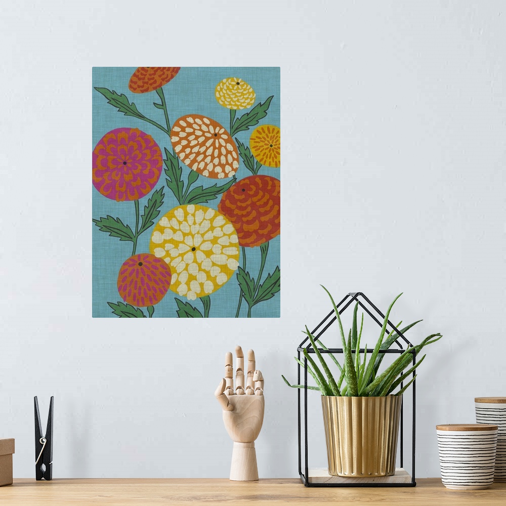 A bohemian room featuring Retro poster style flowers in pale colors against a blue background