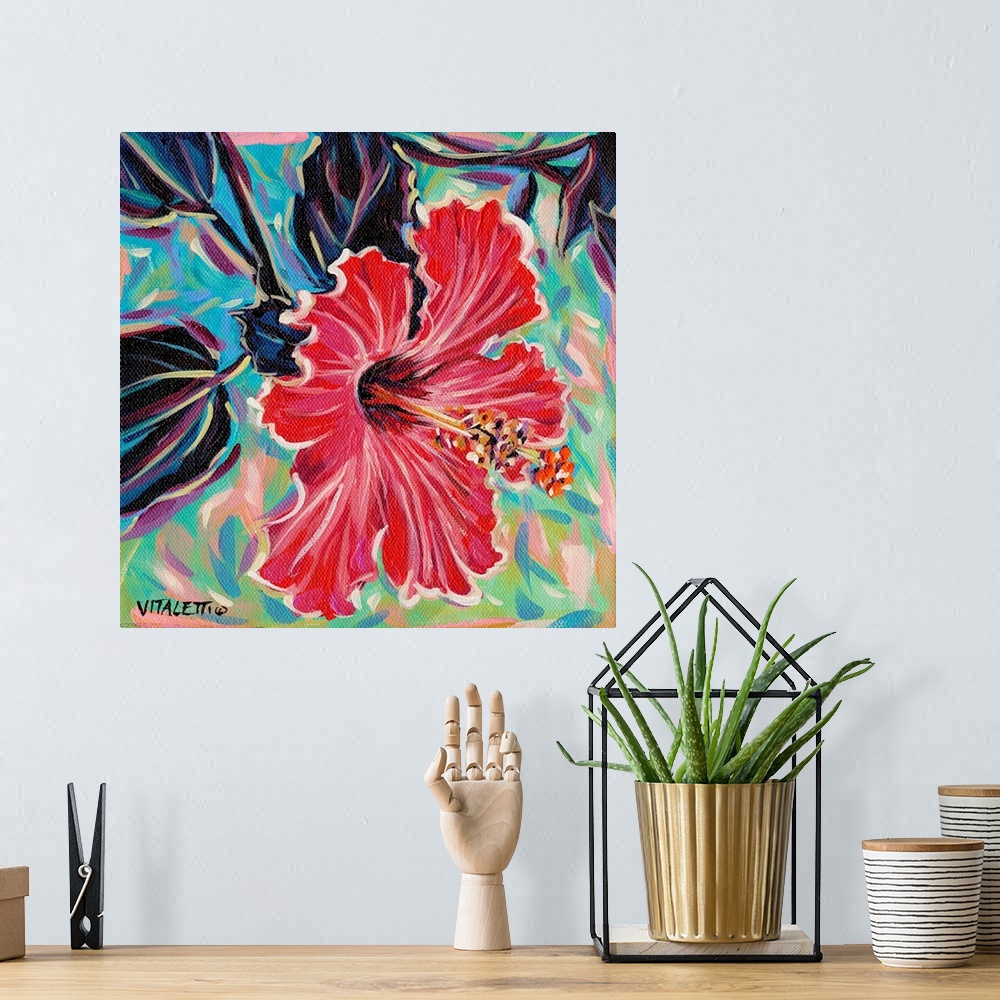 A bohemian room featuring Square painting of a red tropical hibiscus flower on an abstract background made with pastel colors.