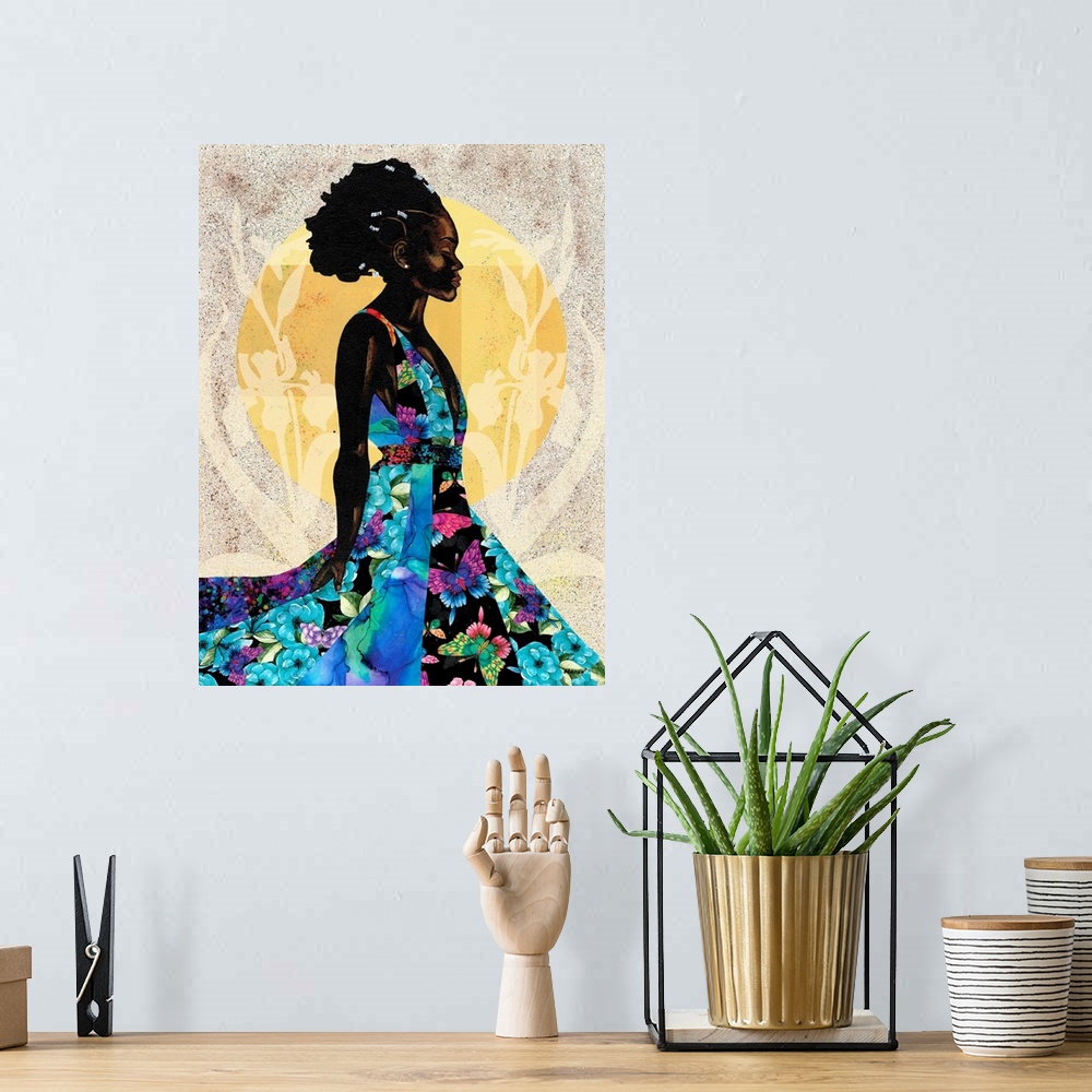 A bohemian room featuring A stunning contemporary portrait of a Black woman in a blue floral dress against a neutral colore...