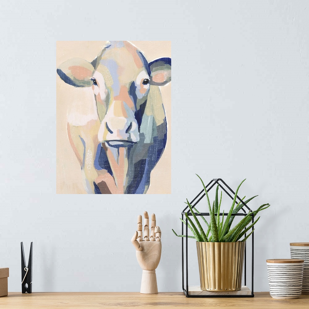 A bohemian room featuring Contemporary portrait of a cow in pink and blue.
