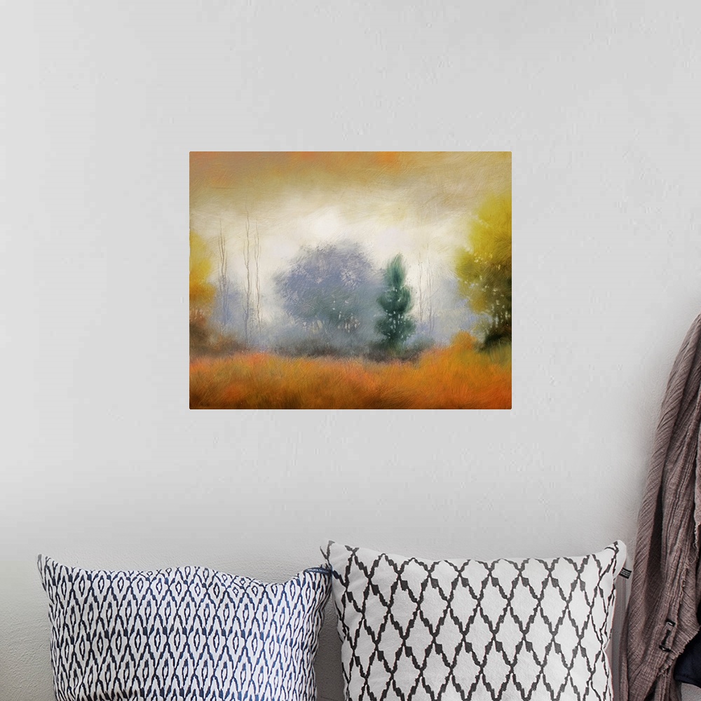 A bohemian room featuring Dreamy painting of a misty forest in the fall.