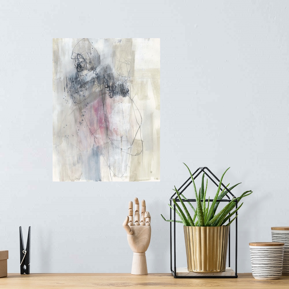 A bohemian room featuring Contemporary abstract painting in neutral tones with hints of pink.