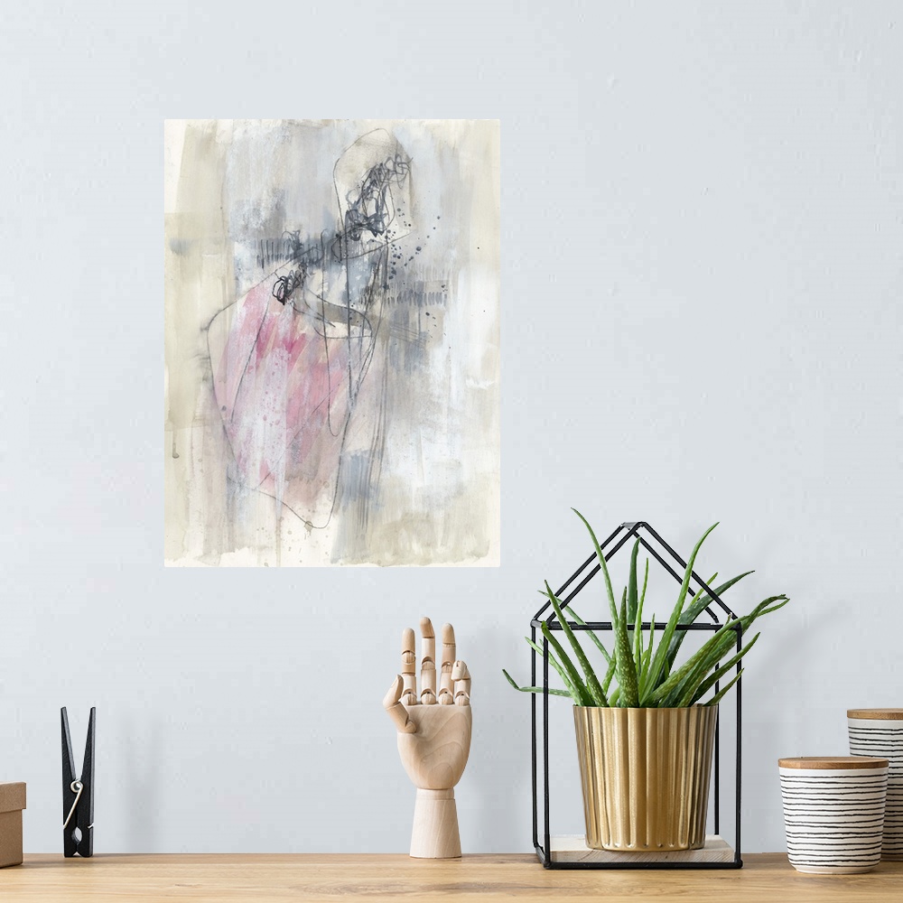 A bohemian room featuring Contemporary abstract painting in neutral tones with hints of pink.